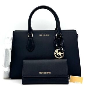 Michael Kors Sheila Medium Satchel Bag & Large Trifold Wallet Black/Gold